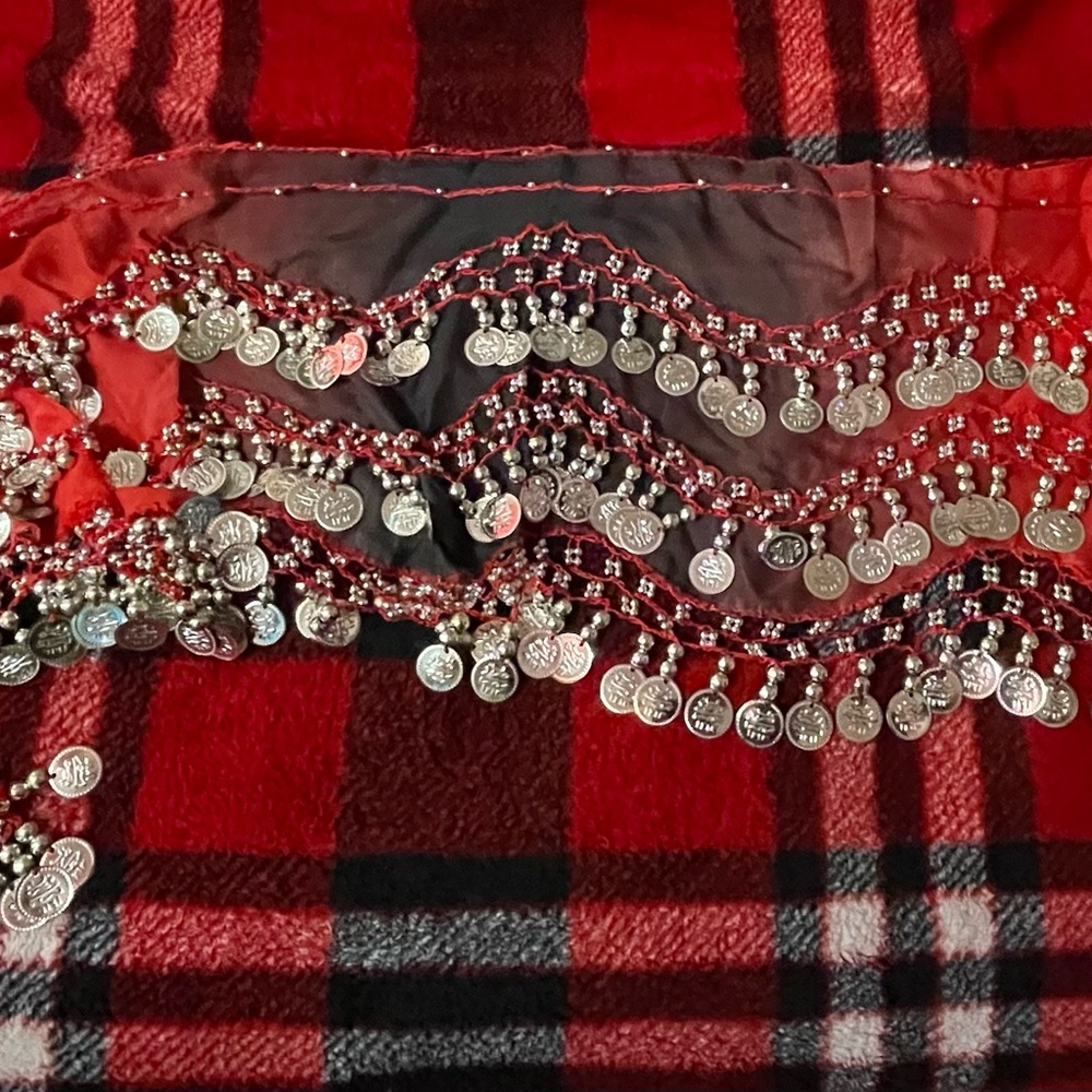 Red Plaid Belly Dancing Sash with Silver Coin Accents